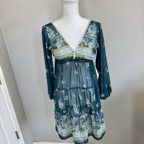 Boho Sheer Floral Tiered Mini Dress Deep V-Neck Long Sleeve XS/S Green Paisley - Picture 1 of 7